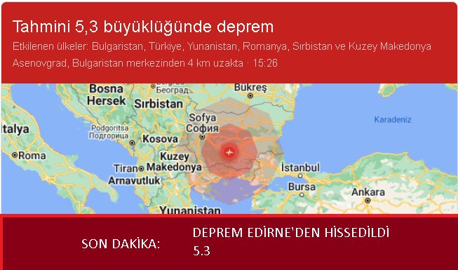 SON DAKİKA DEPREM 15:26 SAATLERİNDE 5.3 Şiddetinde deprem Edirne'de hissedildi